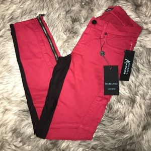 Red with black inseam Moto style jeans